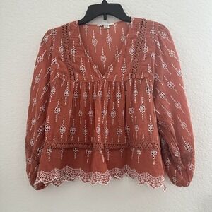 American Eagle Embroidered Peasant Top XS Rust Orange Balloon L/S Eyelet Cottage